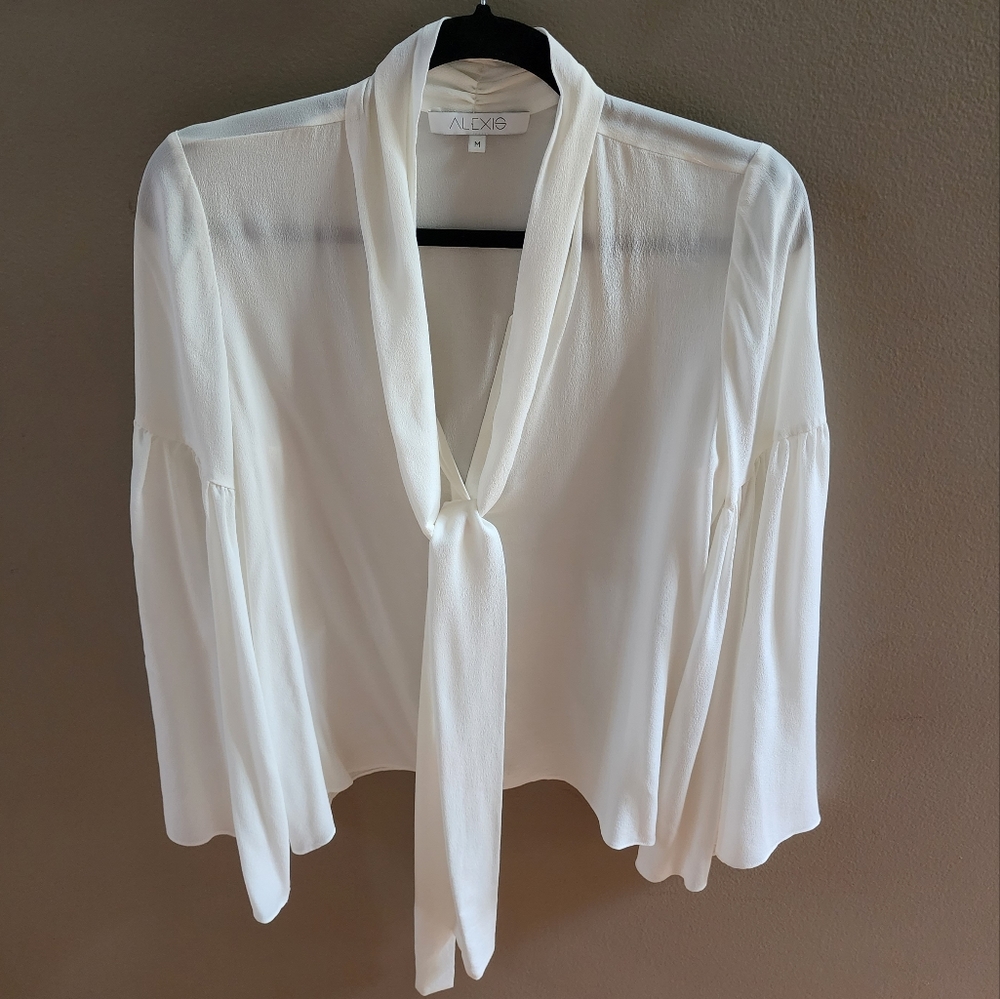 ALEXIS Dalian 100% Silk Bell Sleeve Sheer Ivory/Off-White Blouse/Top. MEDIUM
